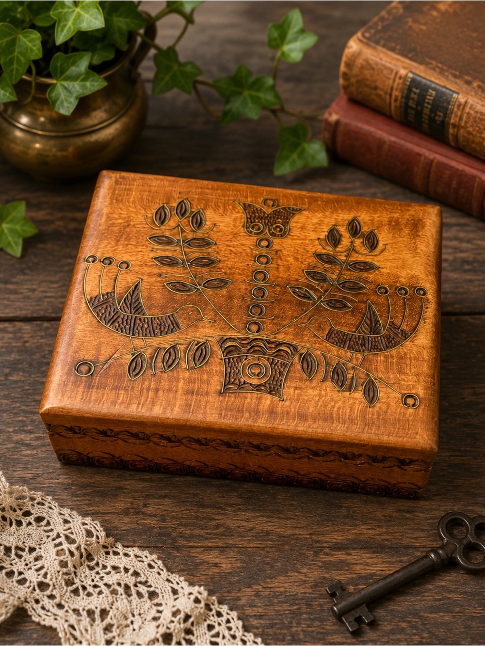 Vintage Hand Carved Wooden Keepsake Box Bird Floral Folk Art Trinket Box